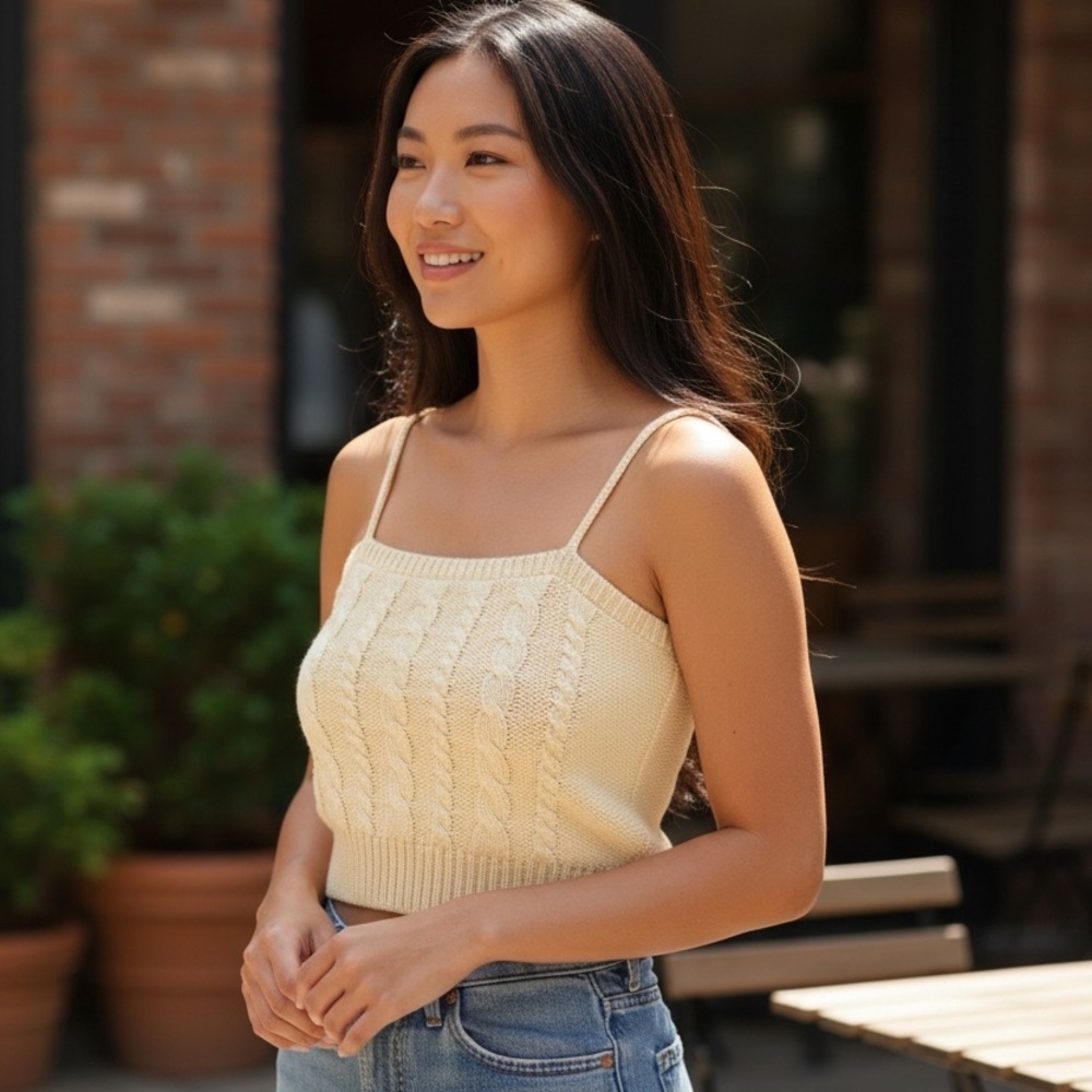 90s Vintage E.V. Ltd Pale Yellow Cable Knit Cami Top Acrylic Sweater Tank Med